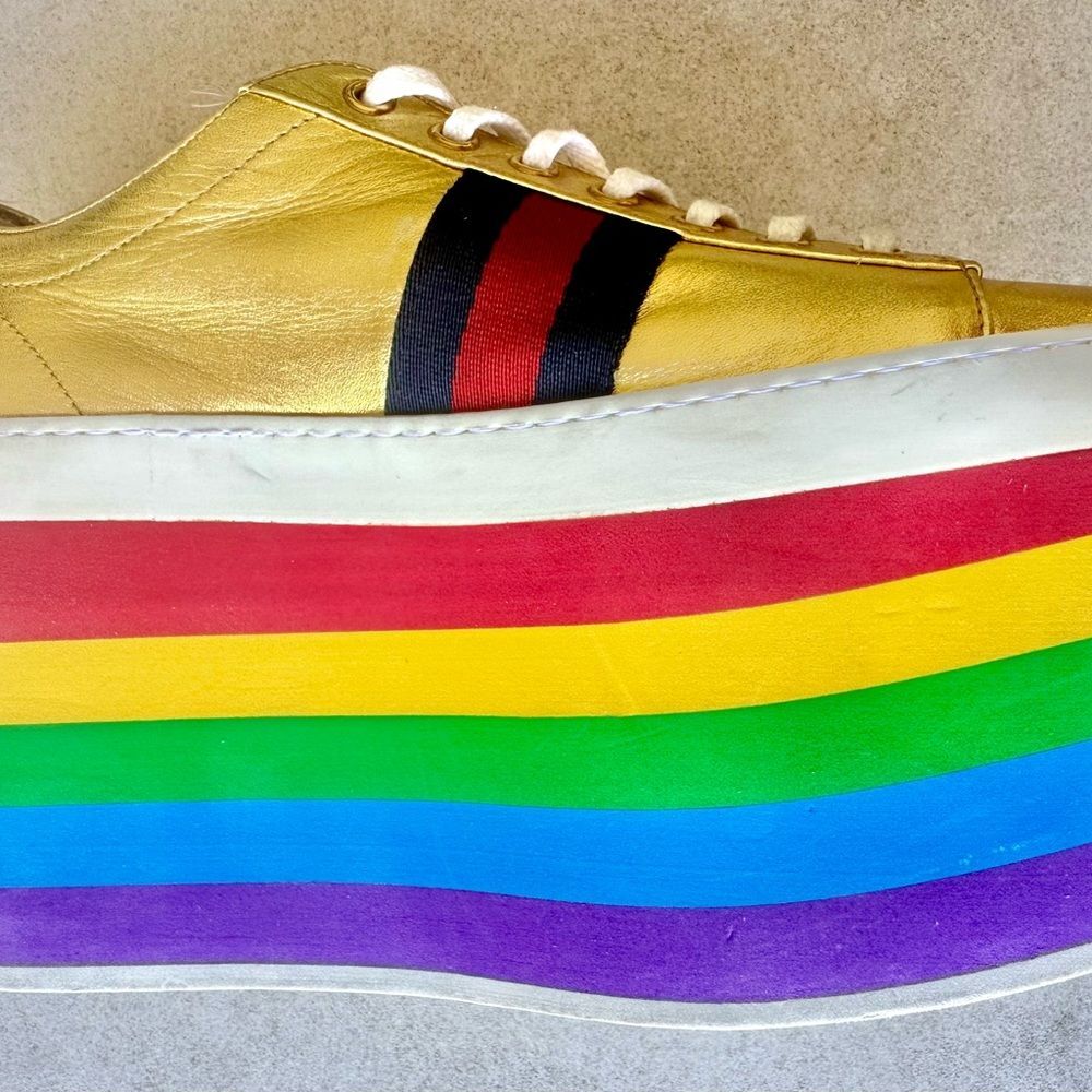 Gucci Peggy Rainbow Platform Sneakers EU 38 US 8 Gold Lace Up Slatform Shoes - Picture 5 of 16